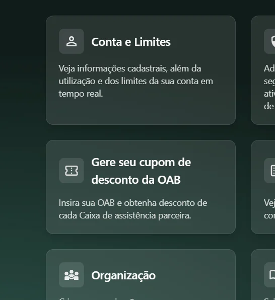 Painel Jusneural com a opção Gere seu cupom de desconto da OAB, abaixo de Conta e Limites