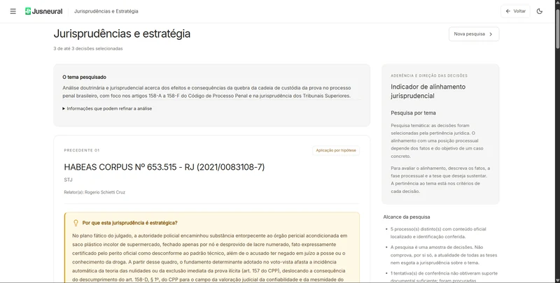 Resultado da pesquisa de jurisprudências com precedente do STJ, análise estratégica e indicador de alinhamento